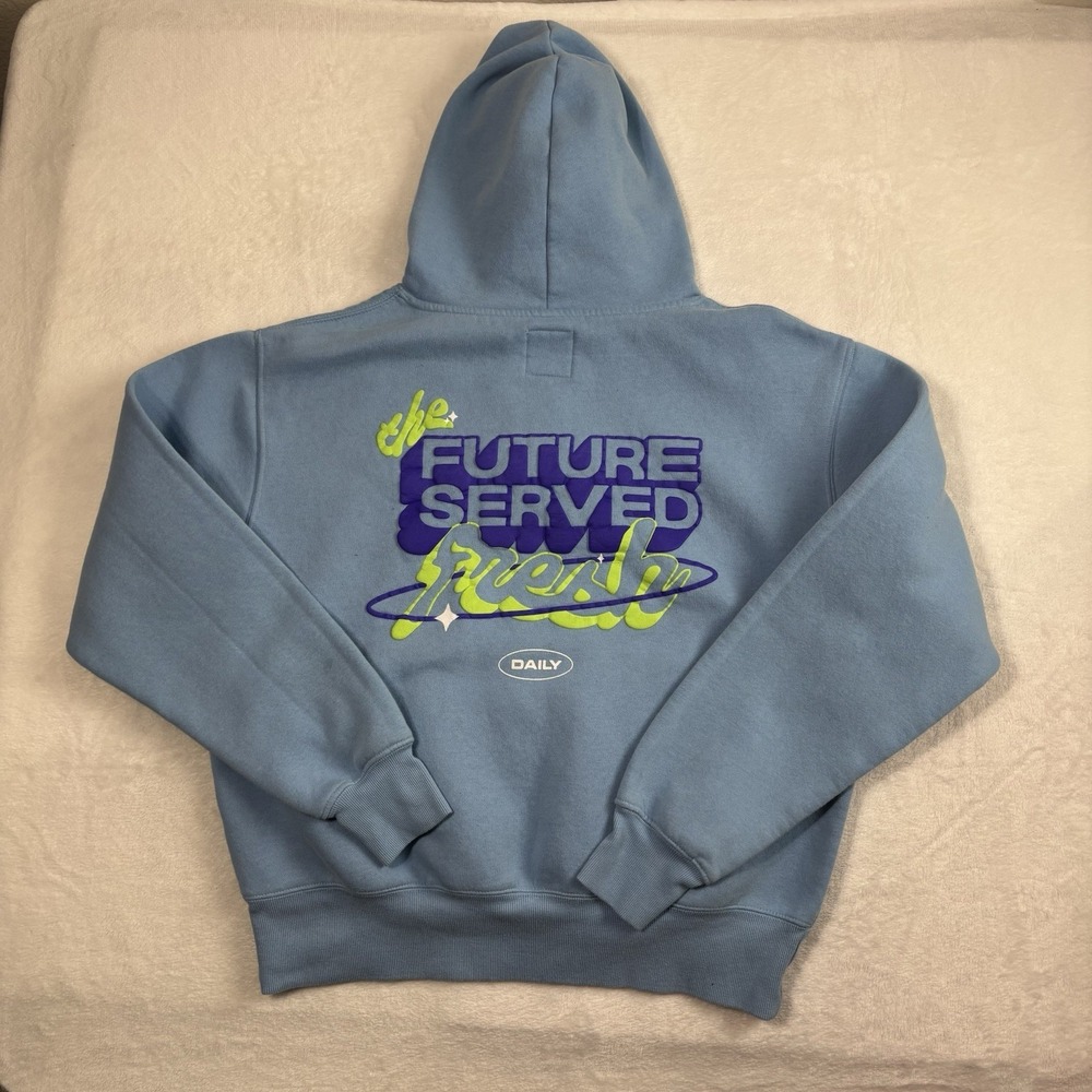 Poppi Target Future Served Fresh Blue Pullover LS Fleece Hoodie Women's XL Stain